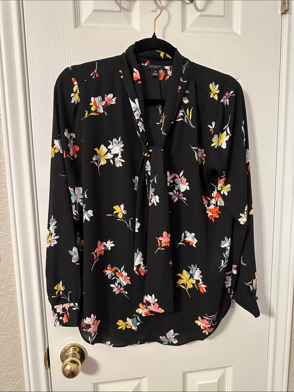 Ann Taylor Black Floral Tie-Neck Blouse